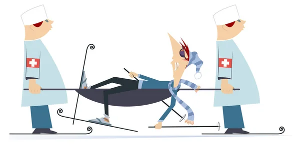 Gewonde Skiër Twee Artsen Met Een Brancard Illustratie Twee Artsen — Stockvector