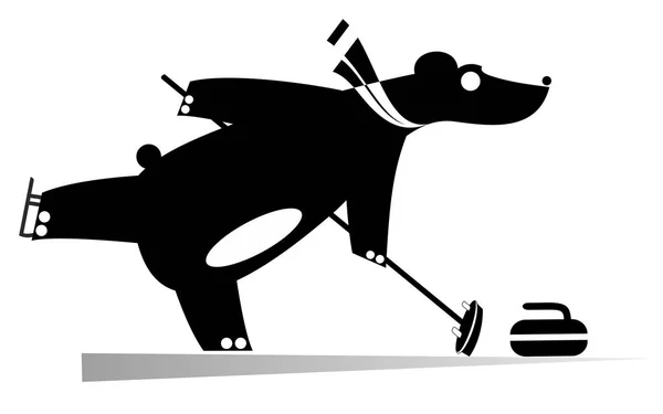 Orso Dei Cartoni Animati Giochi Curling Nero Illustrazione Bianca Orso — Vettoriale Stock