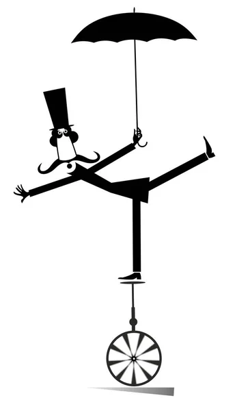 Uomo Baffi Nel Cilindro Cavalca Illustrazione Monociclo Equilibrista Baffi Uomo — Vettoriale Stock