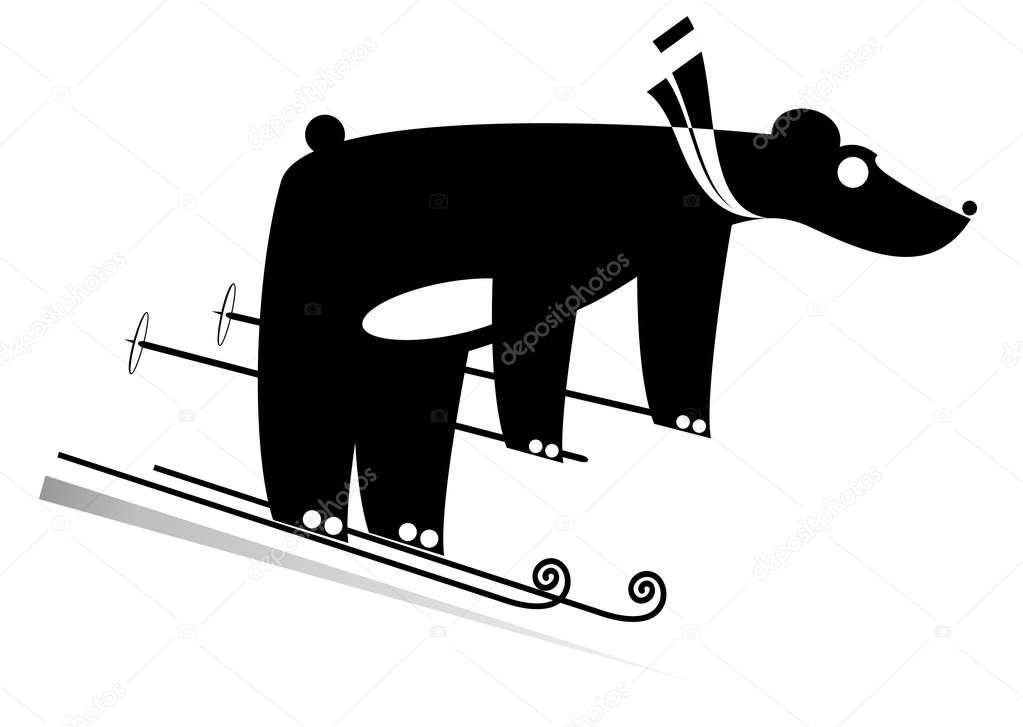 Skiing bear black on white illustration. Skiing bear original silhouette isolated