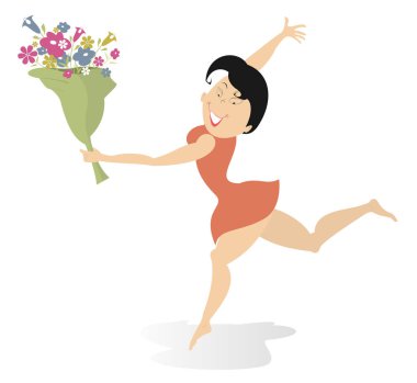 Yalınayak genç kadın bir demet çiçek izole illüstrasyon tutar. Yalınayak gülümseyen genç kadın bir demet çiçek izole illüstrasyon ile çalışır