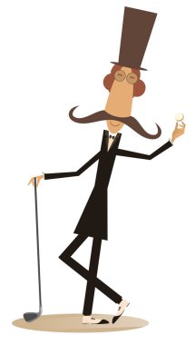 Beyefendi golf sahasında izole edilmiş bir golfçü. Üst şapka karikatür bıyık adam bir golf kulübü ve beyaz izole bir top tutar