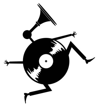 Cartoon running vinyl illustration. Comic long-playing record with hands, legs and loud hailer instead the head black on white  clipart