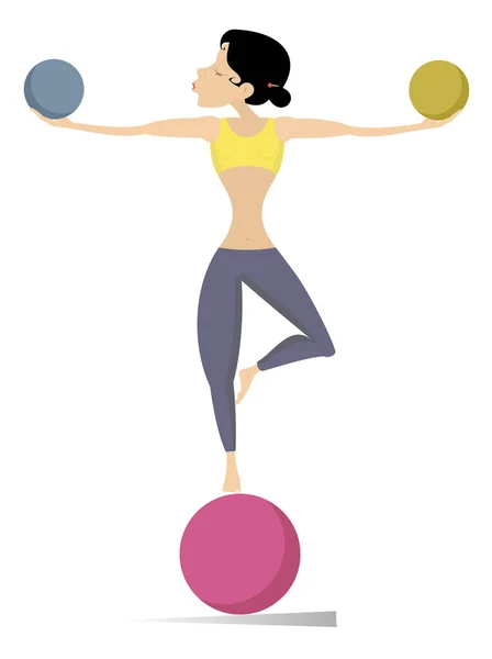 Woman Lithe Figure Does Exercises Balls Vector Illustration Young Woman — Stock Vector