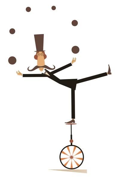 Equilibriste Moustache Homme Sur Monocycle Jongle Avec Illustration Des Boules — Image vectorielle