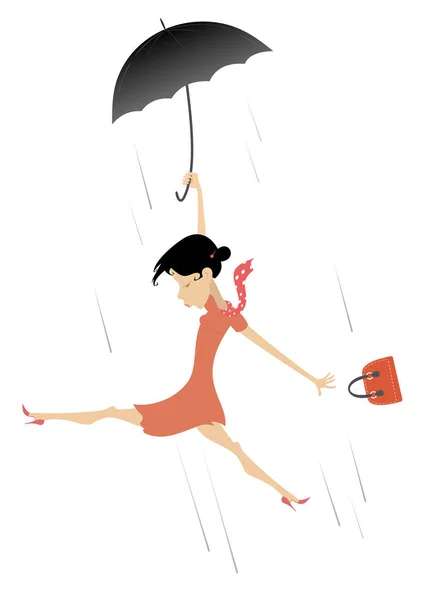 Forte Vento Pioggia Donna Con Ombrello Illustrazione Donna Cartone Animato — Vettoriale Stock