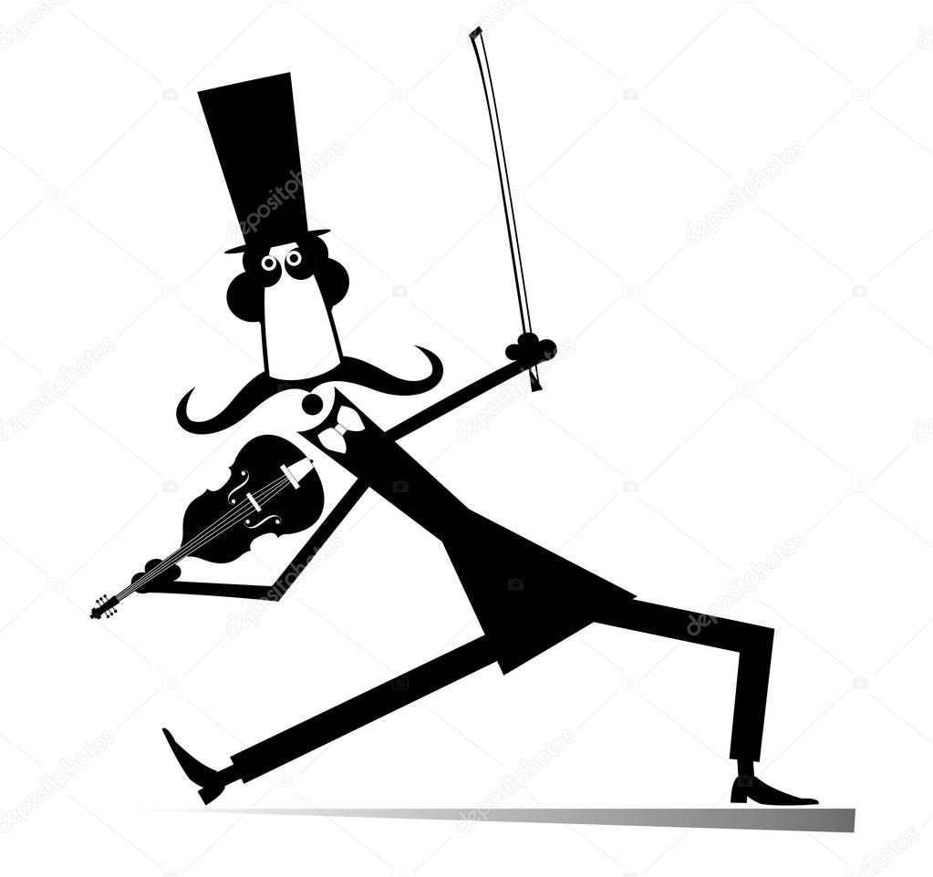 Cartoon long mustache violinist illustration isolated. Smiling mustache man in the top hat with violin and fiddlestick illustration 