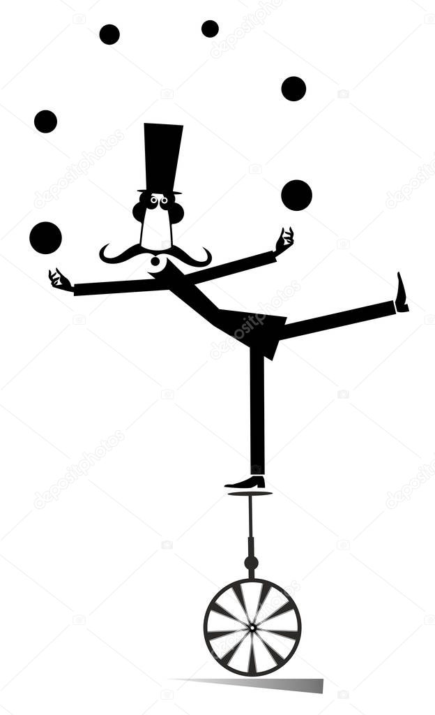 Equilibrist mustache man on the unicycle juggles the balls illustration. Funny long mustache man in the top hat balances on the unicycle and juggles the balls black on white illustration
