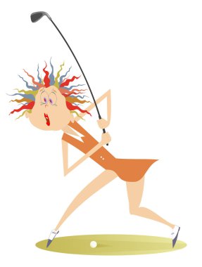 Golf sahası illüstrasyon komik golfçü kadın. Karikatür golfçü kadın beyaz izole iyi bir tekme yapmayı amaçlayan