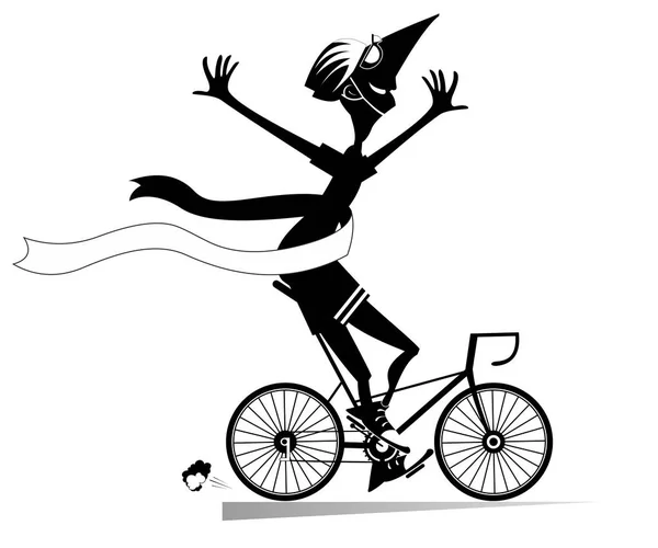 Homem Dos Desenhos Animados Monta Uma Bicicleta Ganha Corrida Ilustração — Vetor de Stock
