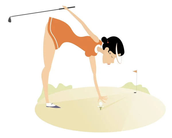Golfer Vrouw Golfbaan Geïsoleerde Illustratie Golfer Vrouw Houdt Een Golf — Stockvector