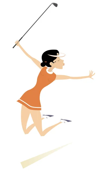 Mujer Golfista Campo Golf Ilustración Aislada Saltando Mujer Golfista Feliz — Archivo Imágenes Vectoriales