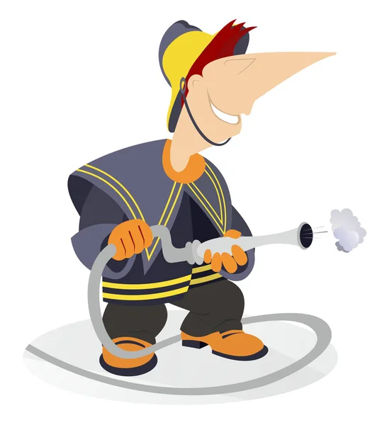 Cartoon Dappere Brandweerman Illustratie Glimlachend Brandweerman Met Brand Slang Geïsoleerd — Stockvector