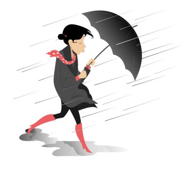 Rüzgarlı ve yağmurlu gün ve şemsiye izole illüstrasyon kadın. Şemsiye ile kadın yağmur izole illüstrasyon altında su birikintileri yürüyüş