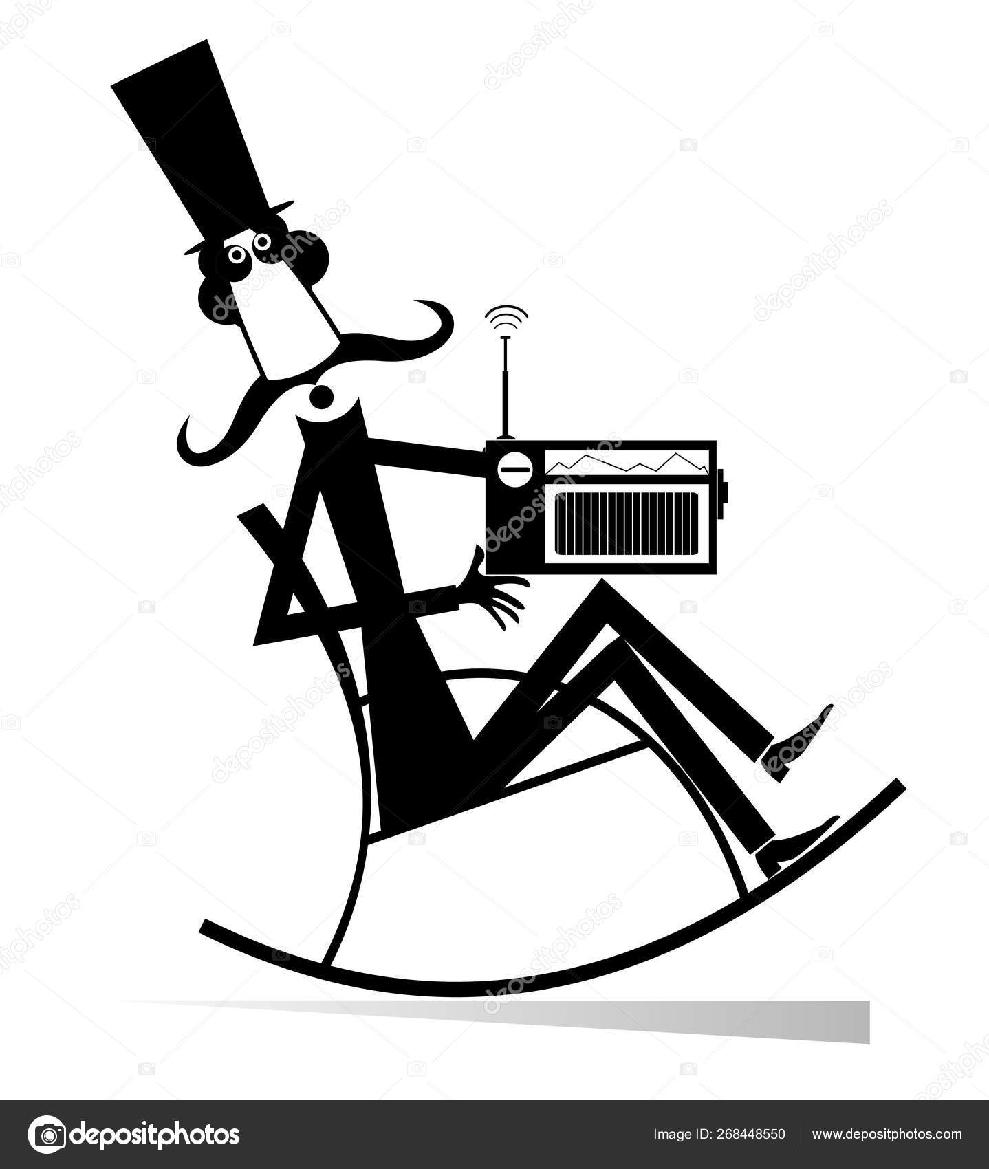 Man Rests Rocking Chair Listens Radio Isolated Illustration