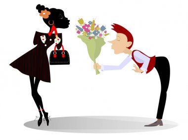 Afrikalı kadın ve Kafkas adam izole illüstrasyon arasındaki aşk. Afrikalı bir kadına aşık kafkas adam ve ona çiçek illüstrasyon bir demet verir