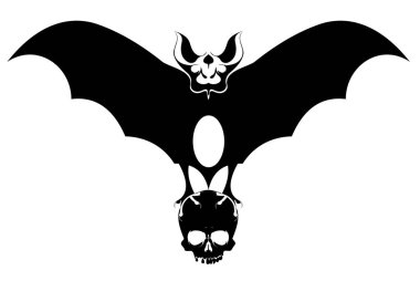 Yarasa pençeleri izole illüstrasyon bir kürek tutar. Uçan yarasa beyaz illüstrasyon üzerinde pençeleri siyah bir kürek tutar