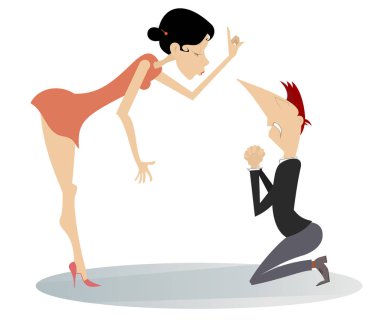 Quarrel between man and woman. Angry young woman scolds staying in the kneels man isolated on white illustration clipart