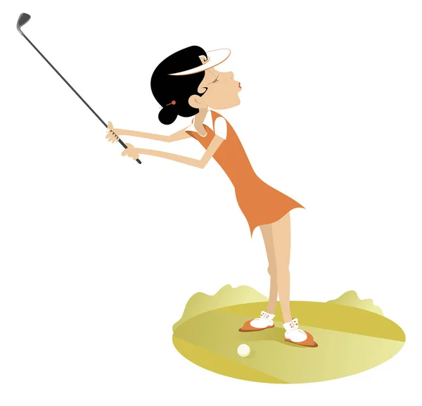 Golf Sahasındaki Genç Golfçü Kadın Çizgi Filmdeki Golfçü Kadın Beyazlara — Stok Vektör