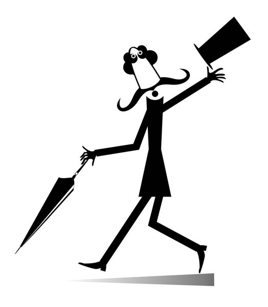 Ходячие усы человека в цилиндре изолированные иллюстрации. Длинные усы человека в цилиндре ходить с зонтиком черный на белой иллюстрации
