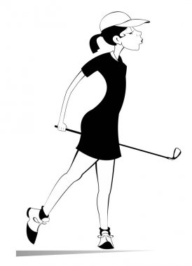 Golf sahasında genç golfçü kadın izole illüstrasyon. Beyaz illüstrasyon golf sahası siyah genç golfçü kadın