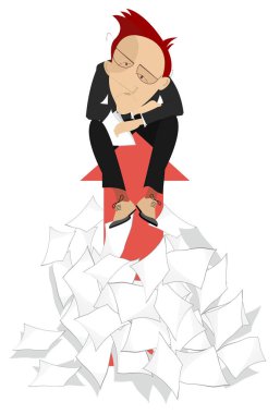 Businessman and arrow signs concept illustration. Sad man sits on the arrow sign arising from the big pile of papers isolated on white    clipart