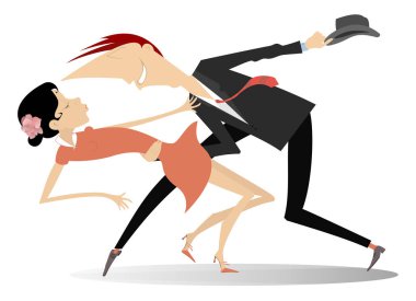 Romantik dans genç çift illüstrasyon izole. Komik dans genç adam belden kadın tutar ve beyaz illüstrasyon izole şapkasını kapalı alır