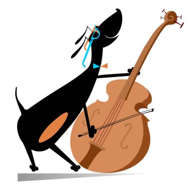 Karikatür köpek çello illüstrasyon çalış. Komik dachshund beyaz illüstrasyon izole çello müzik çalar