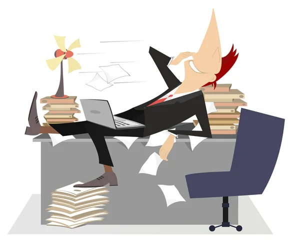 Repos Homme Affaires Dans Bureau Ventilateur Piles Papiers Illustration Homme — Image vectorielle