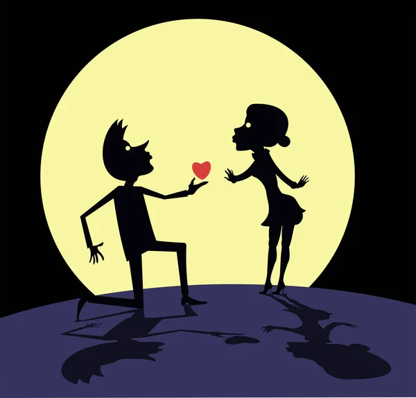 Encuentro Pareja Amor Bajo Ilustración Luna Hombre Enamorado Permaneciendo Rodilla — Vector de stock