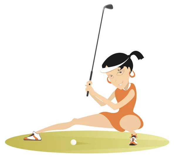 Young Golfer Woman Golf Course Illustration Cartoon Golfer Woman Aiming — Stock Vector