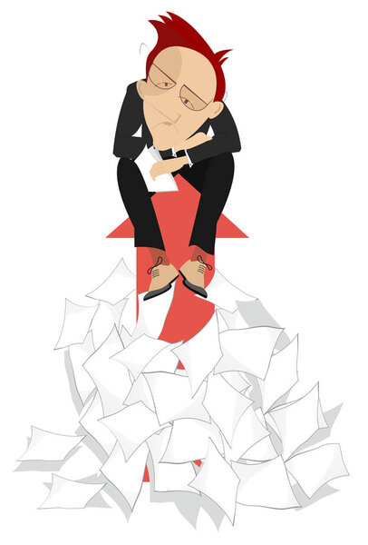 Businessman and arrow signs concept illustration. Sad man sits on the arrow sign arising from the big pile of papers isolated on white   