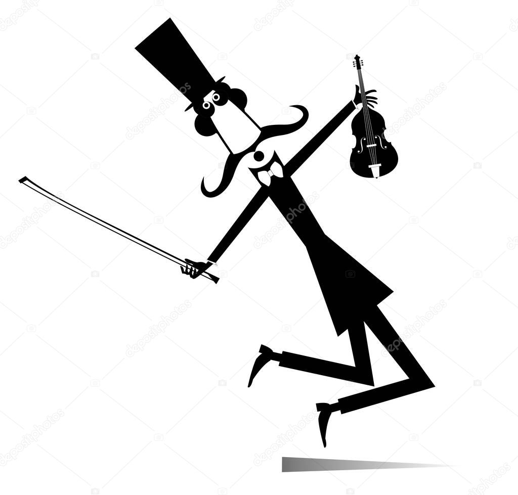 Long mustache man in the top hat with violin and fiddlestick black on white illustration