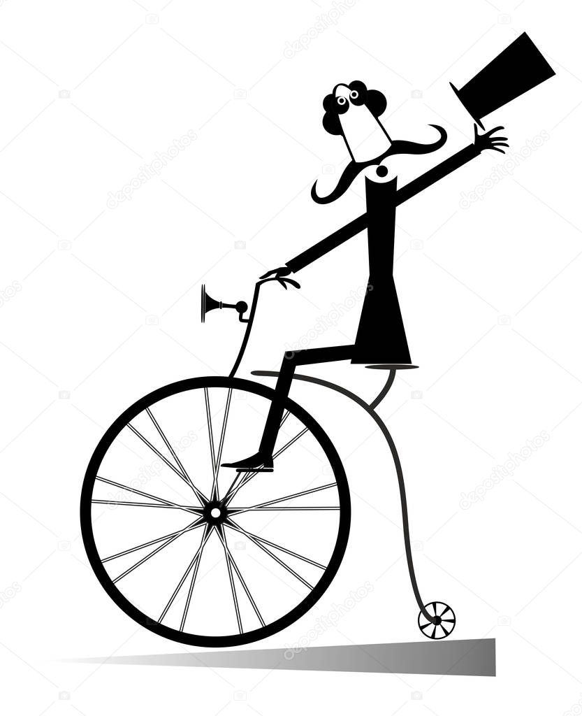 Mustache man in the top hat rides a retro bike illustration. Cartoon long mustache man in the top hat rides on a retro bike and looks healthy and happy black on white illustration