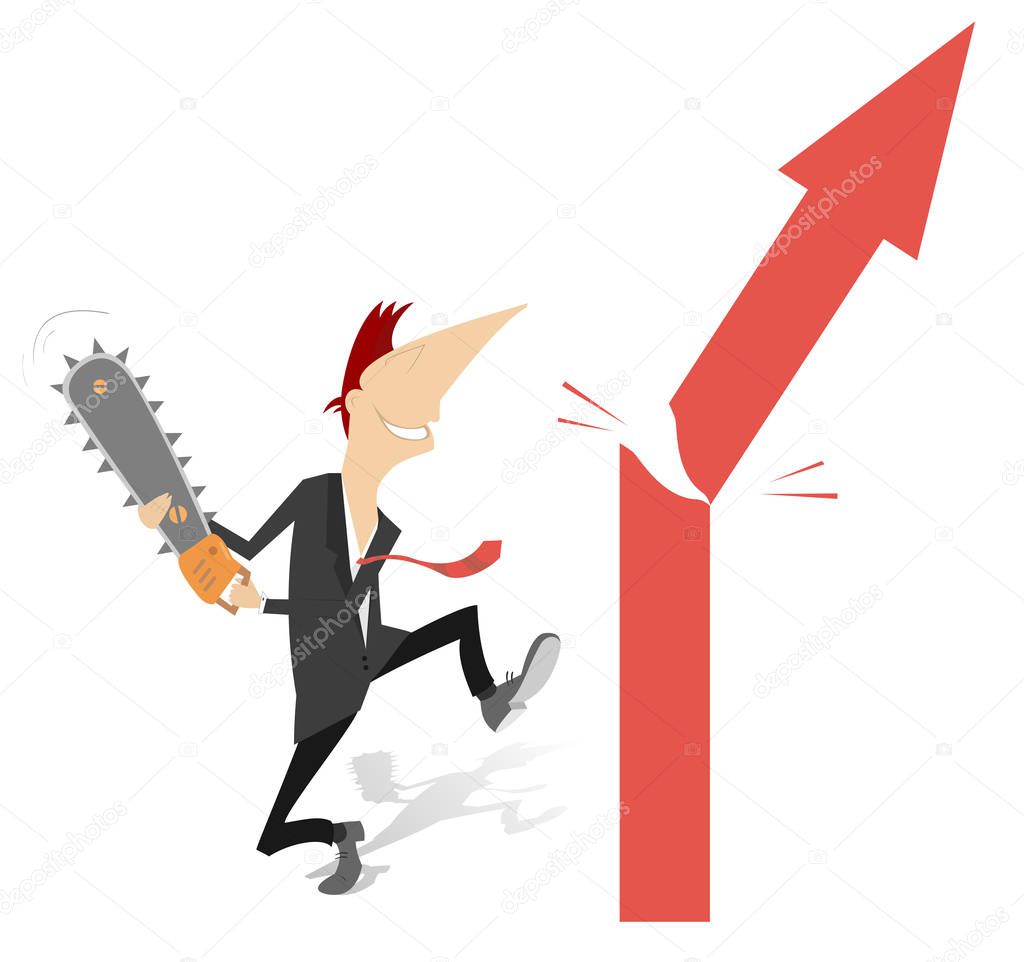 Businessman, papers and the arrow sign concept illustration. Smiling man with chainsaw cuts the arrow symbol isolated on white