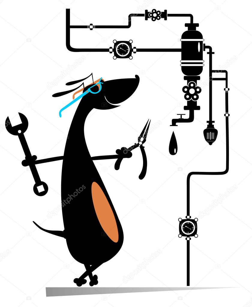 Comic mechanic dog repairs pipe construction illustration. Cute dachshund repairs pipe construction using a big spanner and combination pliers isolated on white