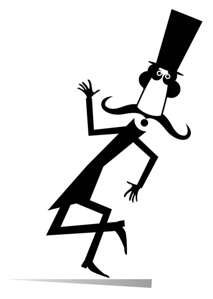 Desen Animat Lung Mustață Dansator Pălăria Sus Negru Ilustrație Albă — Vector de stoc