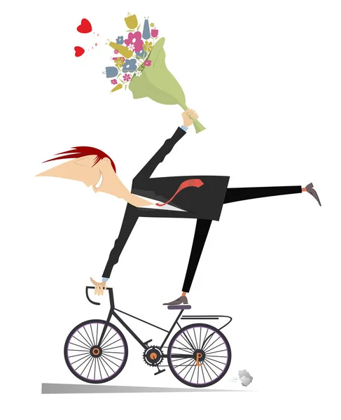 Jovem Romântico Anda Bicicleta Ilustração Isolada Sorrindo Homem Monte Flores — Vetor de Stock