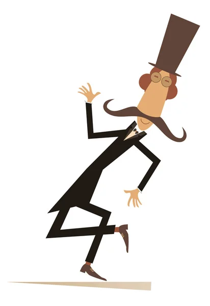 トップハットで長い口ひげ男を踊る 白いイラストに隔離されたトップハットの漫画の長い口ひげダンサー — ストックベクタ