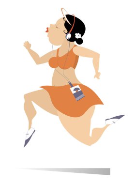 Komik tombul genç çalışan kadın illüstrasyon. Koşu ve müzik karikatür büyük büstü ve dipleri ile seksi şişman genç kadın beyaz illüstrasyon izole sağlıklı ve mutlu görünüyor 