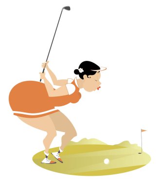 Golf sahasında genç tombul golfçü kadın izole illüstrasyon. Büyük büstü ve dipleri ile seksi tombul golfçü kadın iyi bir tekme yapmayı amaçlayan 