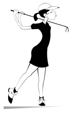 Golf sahasında genç golfçü kadın izole illüstrasyon. Beyaz illüstrasyon golf sahası siyah genç golfçü kadın