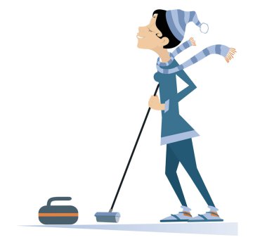 Gülümseyen genç kadın izole illüstrasyon kıvırma oynar. Bir kıvırma fırçası ve beyaz illüstrasyon izole bir taş ile genç kadın