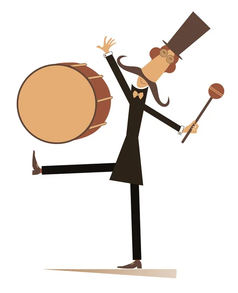 Divertido Baterista Bigote Ilustración Aislada Hombre Bigote Sombrero Copa Golpea — Vector de stock