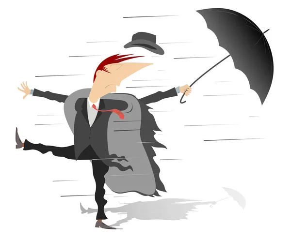 Viento Fuerte Lluvia Hombre Con Ilustración Paraguas Torbellino Lluvia Hombre — Vector de stock