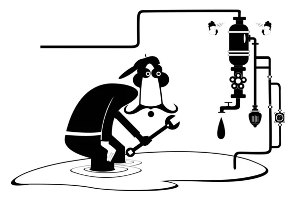 Иллюстрация Разрушения Механической Трубной Конструкции Комик Механик Большим Гаечным Ключом — стоковый вектор
