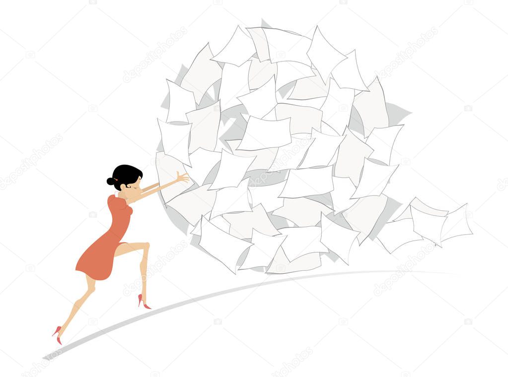 Hard working woman concept illustration. Businesswoman rolls up a big ball of papers  