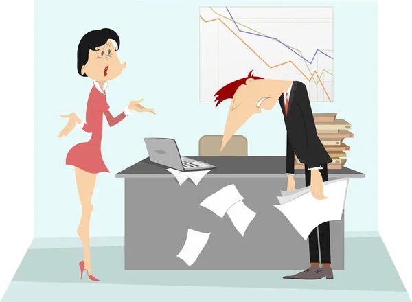 Angry boss woman and employee man illustration. Angry chief woman scolds sad employee man
