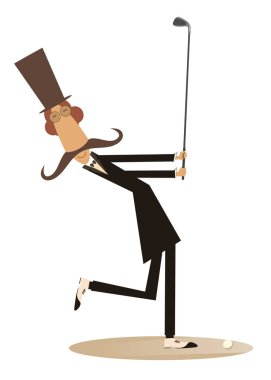 Beyefendi golf sahası illüstrasyon bir golfçü. Bıyık lı ve şapkalı beyefendi beyaz illüstrasyonda izole edilmiş iyi bir tekme atıyor.