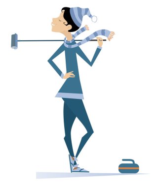 Gülümseyen genç kadın izole illüstrasyon kıvırma oynar. Bir kıvırma fırçası ve beyaz illüstrasyon izole bir taş ile genç kadın